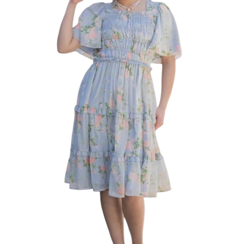 Light Blue Floral Smocked Midi Dress